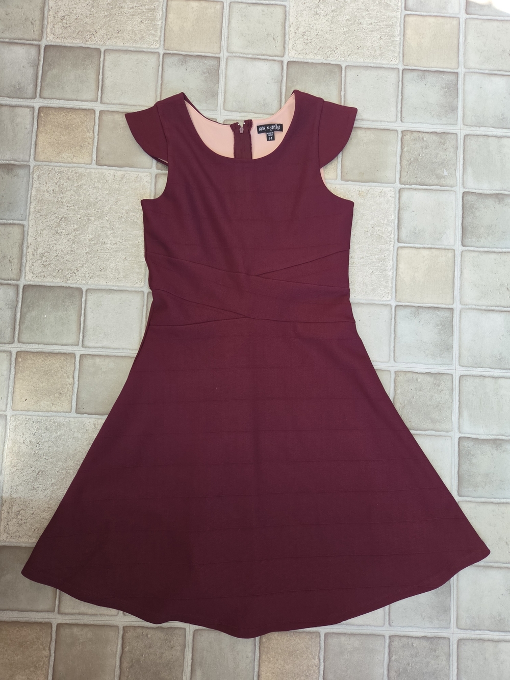 Girl's Ava And Yelly Burgundy Fit-and-Flare Cap Sleeve Dress Size 14